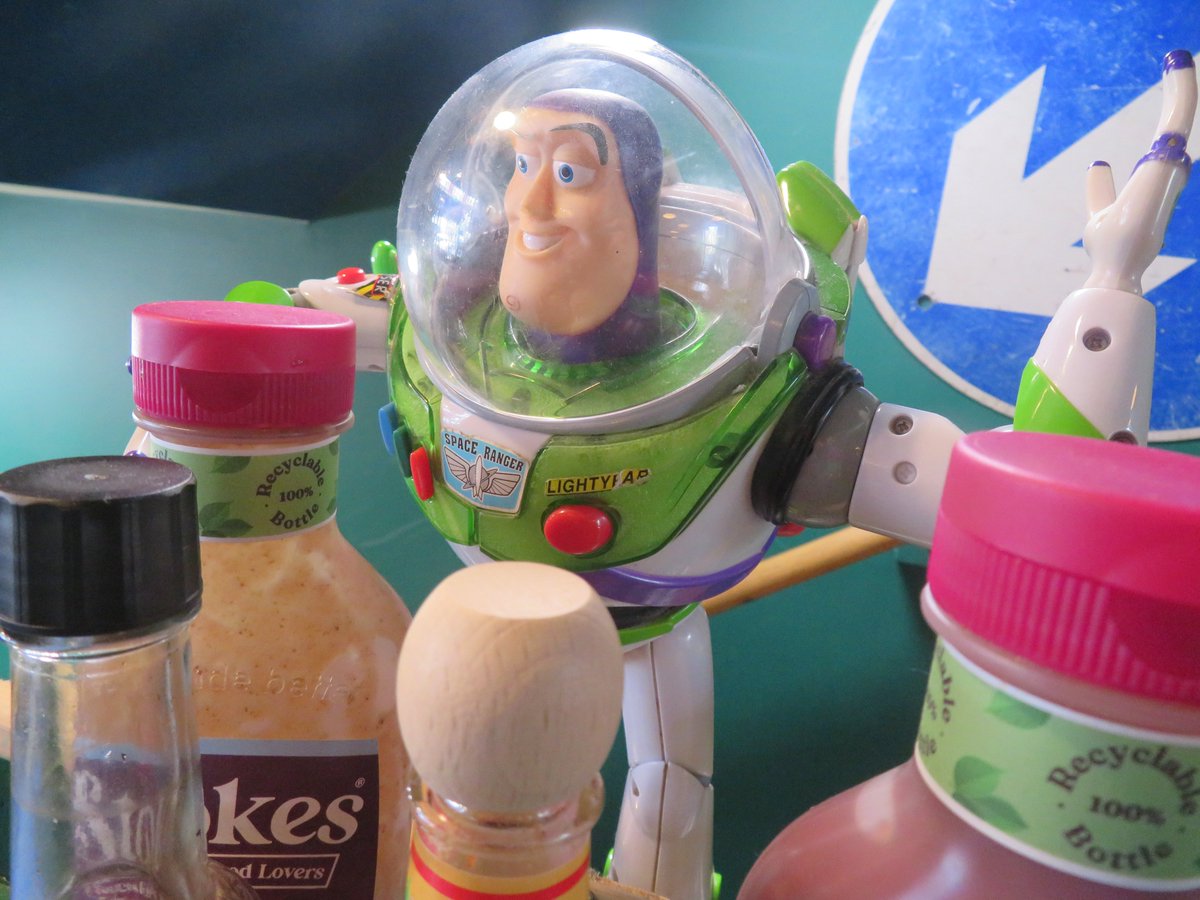 moses_brian's tweet image. Found a splendid cafe in Eastbourne where they had Buzz Lightyear among the sauce bottles and desert salted crisps!