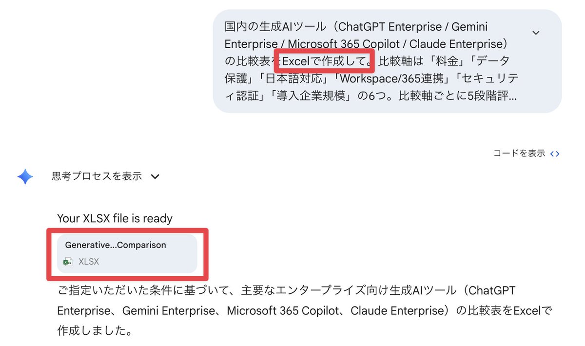 RemasterX_g's tweet photo. GeminiでExcel、Word、PDF等のファイル生成ができるようになりました！
またテキストだけでなくデザインなども調整できるようになっていました。

【Before】味気ないプレーンテキストをコピペして、自分で整える
【After】見出し・色付きテーブル・装飾済みのファイルがそのまま作成できる

画像は調査結果をExcelにまとめてもらいましたが、テーブル装飾や関数まですべて整った状態で作成されました。（私は何も操作してません）

出力形式は以下：
Googleドキュメント / スプレッドシート / PDF / Word / Excel / CSV / LaTeX / txt / rtf / Markdown