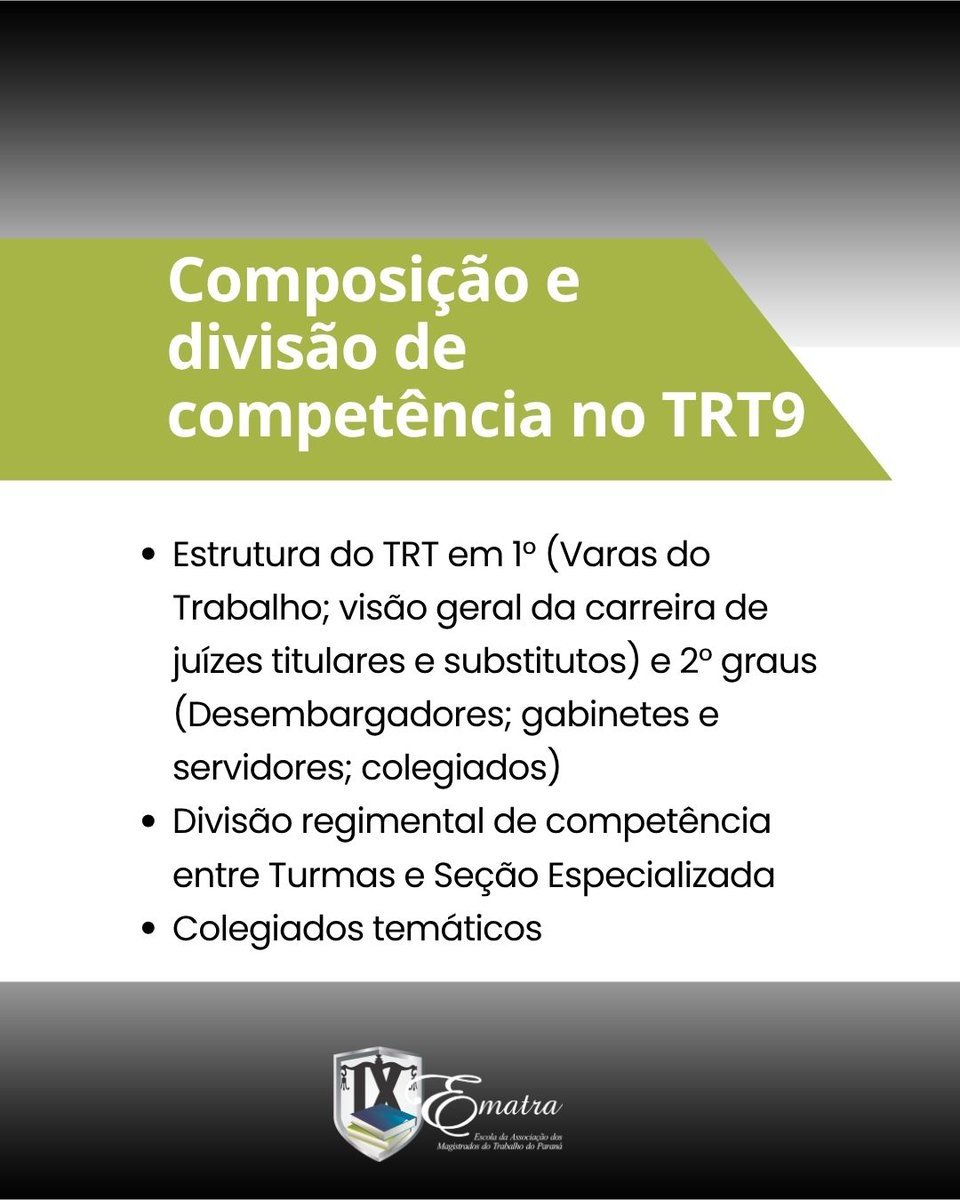 ematra9's tweet photo. Quer entender tudo sobre a estrutura e competência do #TRT9? 🏛️
A Dra. Angélica Slomp (Juíza Auxiliar da Presidência) conduz este tema essencial na Pós-Graduação da @EMATRAPR.
✅ Inscrições permanentes ✅ Início imediato ✅ 30% OFF p/ servidores ✅ Válido p/ AQ
📲 (41) 99182-9513 https://t.co/ZEOi4qeWrL