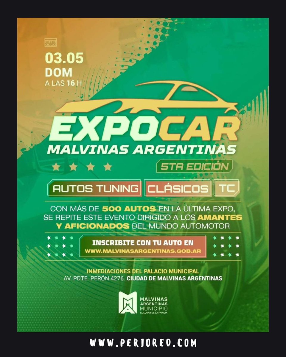 perioredok's tweet image. Llega la 5° edición de Expo Car Malvinas Argentinas.

Y este es el momento para formar parte de este gran evento donde los protagonistas son los fierros.

¿Querés ser parte? Inscribite con tu auto en: malvinasargentinas.gob.ar

🛞
#autos #expocar #AutosTunning