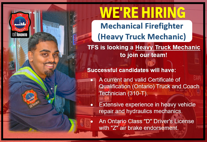 Toronto_Fire's tweet image. TFS is hiring a Mechanical Firefighter (Heavy Truck Mechanic) to join our team. The current job posting is open until Tuesday May 12, 2026. To review the full position details, minimum qualifications and to apply visit ow.ly/tpLT50YRYp9 #Toronto #JobsTO
