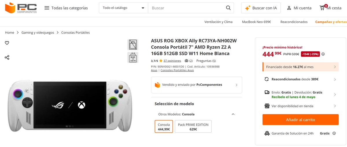 ofervijuXbox's tweet photo. ASUS ROG XBOX Ally RC73YA-NH002W Consola Portátil 7" AMD Ryzen Z2 A 16GB 512GB SSD W11 Home Blanca

DESCUENTAZO a su NUEVO PRECIO MÍNIMO en @pccomponentes 

✅ 444.99€ envío incluido (PVP ❌600 €)
👉 https://t.co/HKLsinYeEr https://t.co/H1WXdyZr8U