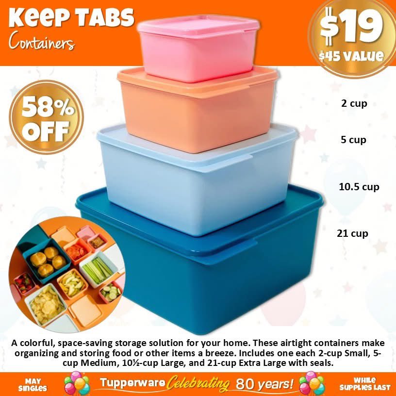 MB_TupParties's tweet photo. Daily Deal 🔥 58% OFF
💥 ONLY $19 ($45 value!)
Keep Tabs Containers! 🧡💙💗
✨ Airtight &amp; space-saving
✨ 4 sizes: 2 c, 5 c, 10.5 c &amp; 21 c
Must-have for every kitchen—grab yours before they’re gone!
👉 https://t.co/PHnI1ESWmV
#tupperware #deals #sale https://t.co/aJlXFCbTJC