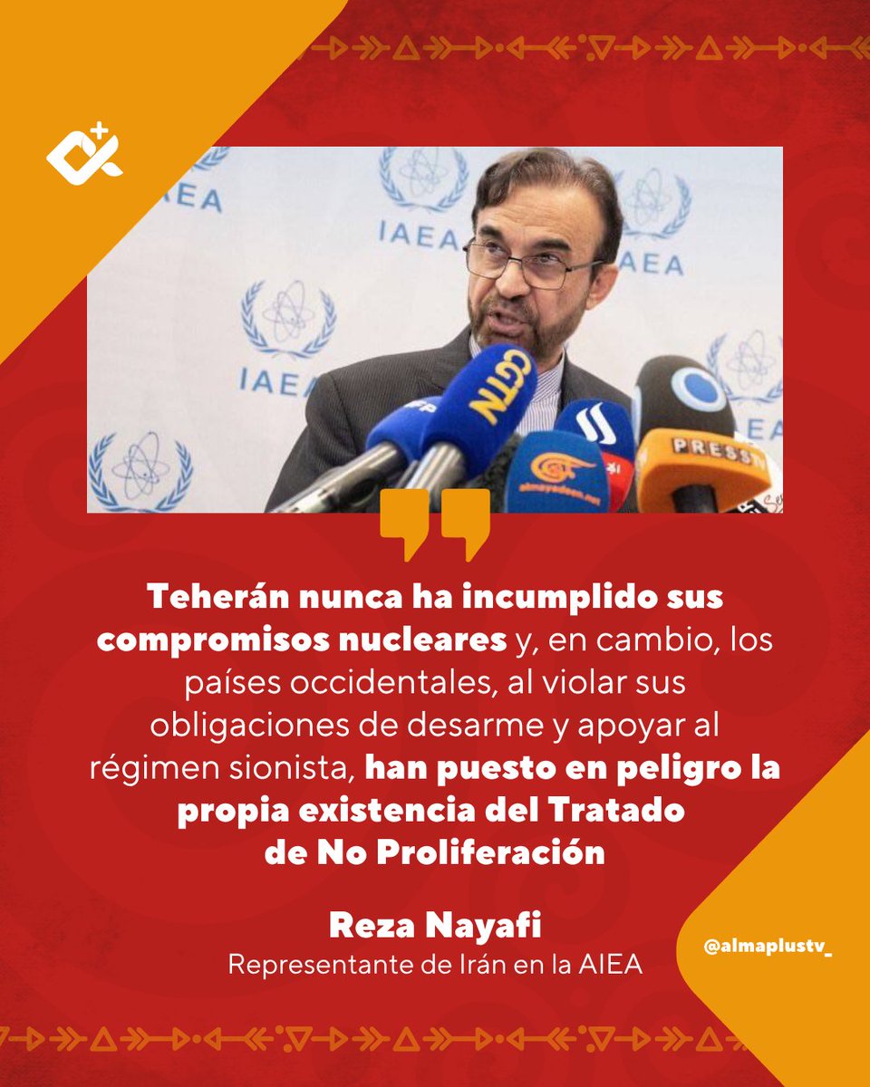almaplustv's tweet image. #ULTIMAHORA | 

🛑En la Conferencia de Revisión del Tratado de No Proliferación (TNP), el representante de Irán ante la AIEA, Reza Nayafi, defendió el cumplimiento de Teherán con sus compromisos nucleares y acusó a los países occidentales de poner en riesgo la vigencia del