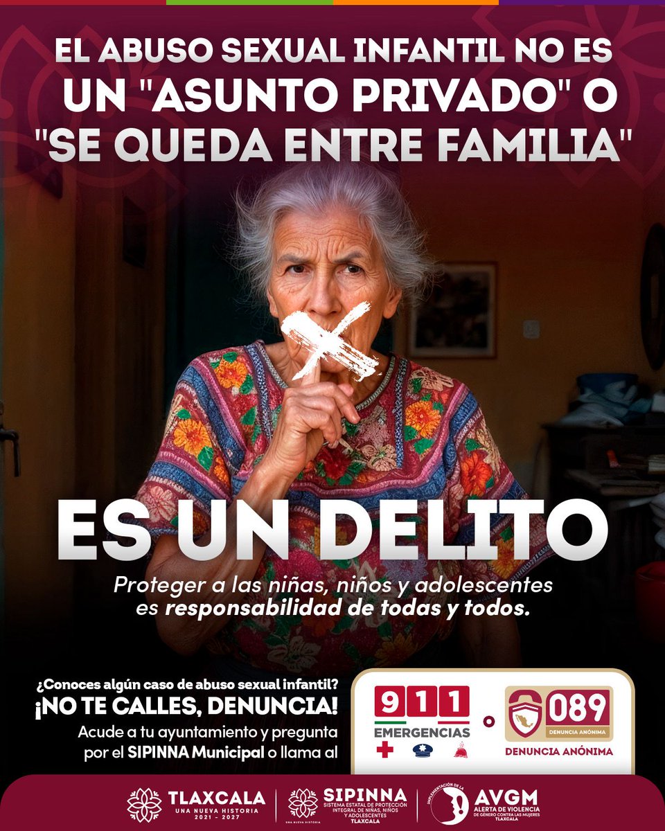 📷 El abuso infantil no es un asunto de familia.
ES UN DELITO. Si conoces algún caso no te calles.
📷 llama al 911 para una emergencia, denuncia anónima al 089, o acude al SIPINNA de tu ayuntamiento.
#UnaNuevaHistoria 📷 #GobiernoDeTlaxcala