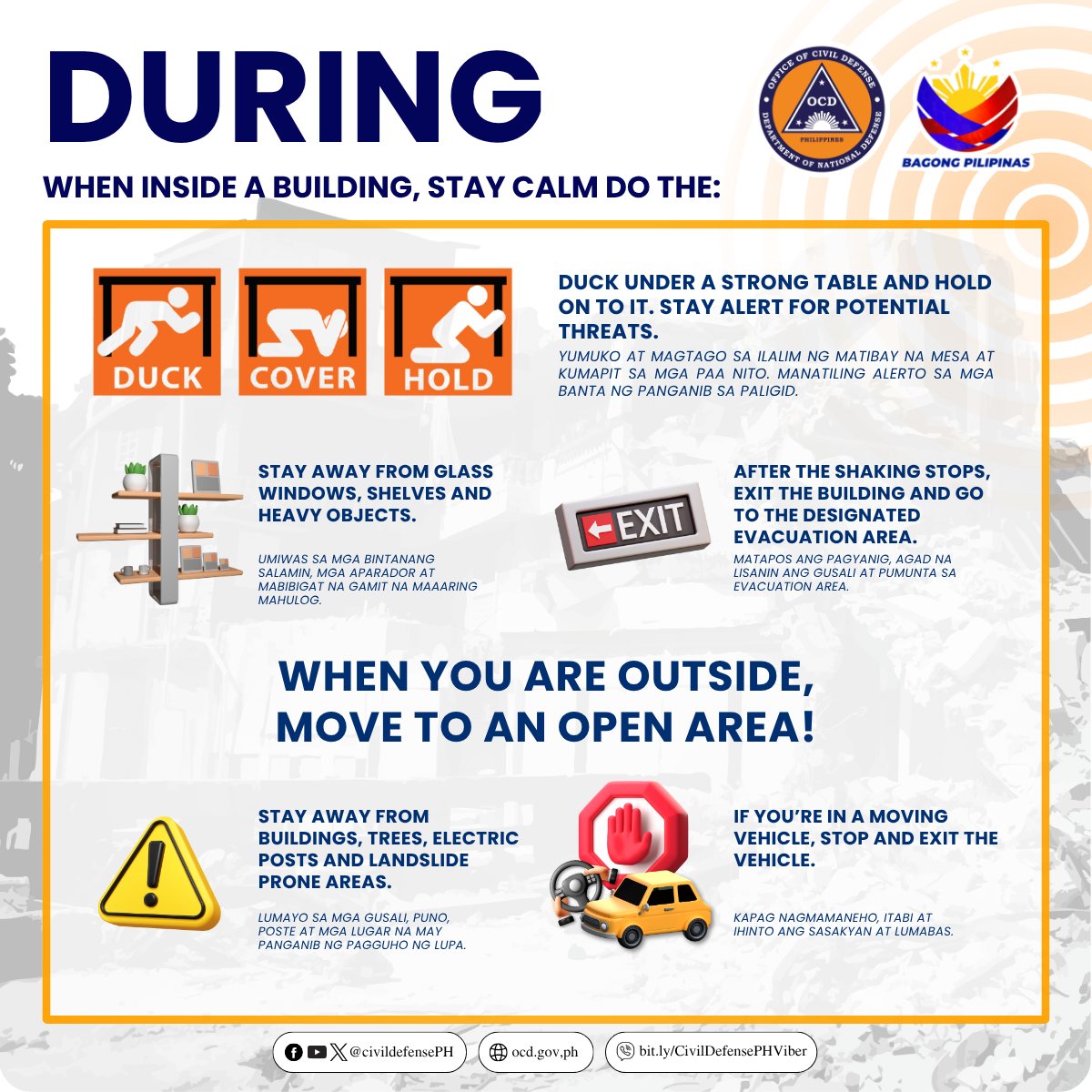 NDRRMC_OpCen's tweet image. ALAMIN | Narito ang mga dapat gawin, bago, habang, at matapos ang lindol.

Source: Civil Defense PH

#LindolPH
#disasterpreparedness
#BawatSegundoMahalaga
#NDRRMC