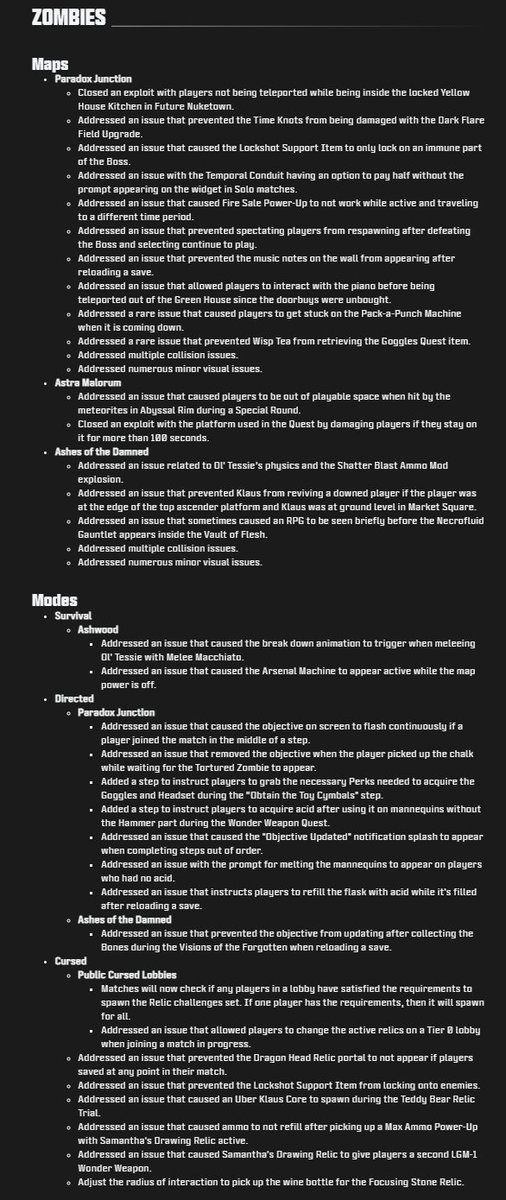 CoDZombHistory's tweet image. April 29 - #BlackOps7 #Zombies Season Three Reloaded Patch Notes

- Ashes of the Damned, Astra Malorum, Paradox Junction Fixes
- Ashwood Survival Fixes
- Ashes of the Damned, Paradox Junction Directed Mode Fixes
- Cursed Mode Fixes
- PAP Ray Gun MKII and NX Ravager Fixes
-