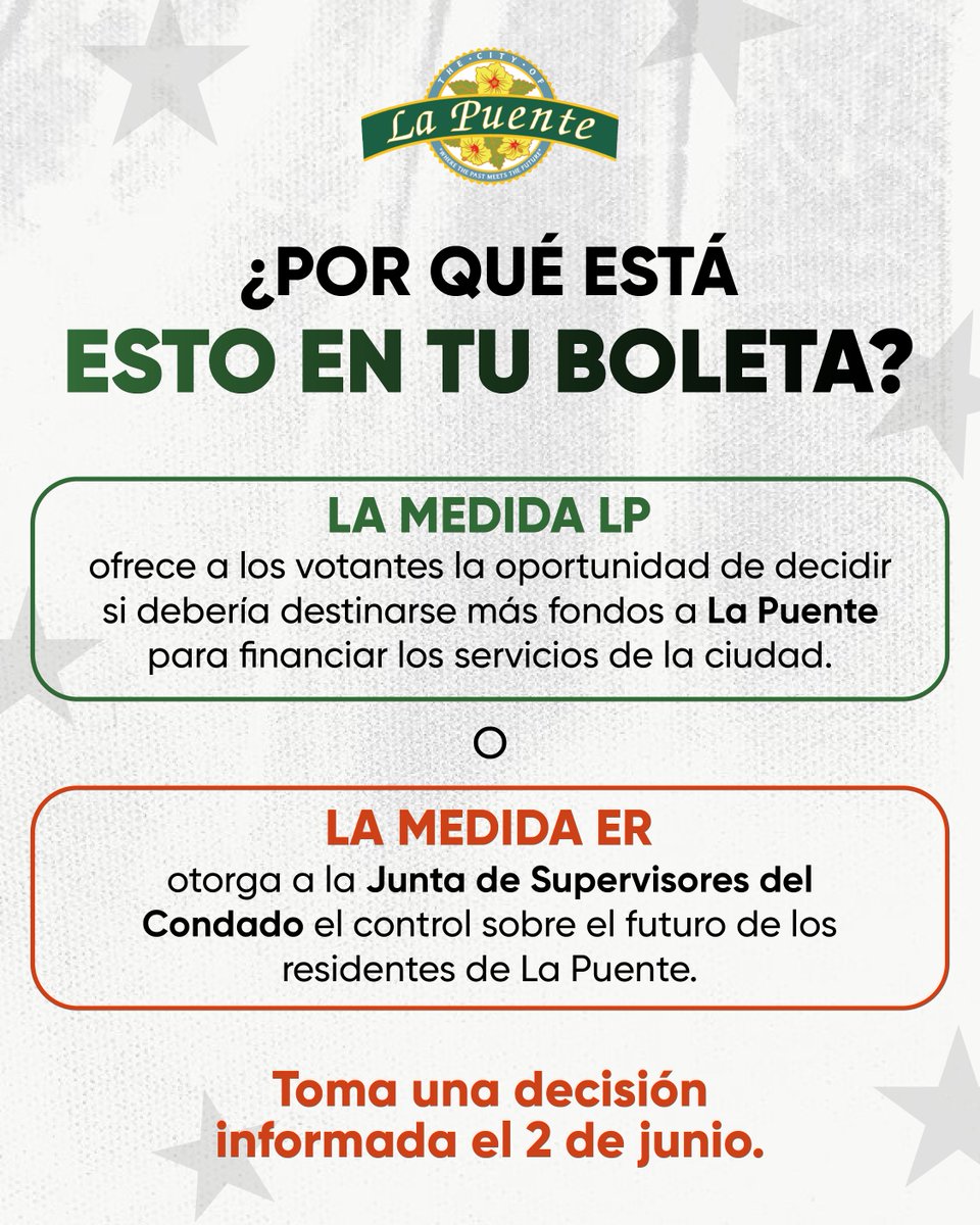 CityofLaPuente's tweet image. 🗳️ ¿Por qué está en tu boleta?
LP: fondos se quedan en La Puente
ER: control del Condado

📆 Vota el 2 de junio
#LaPuente #Vota2026 #MedidaLP #Comunidad