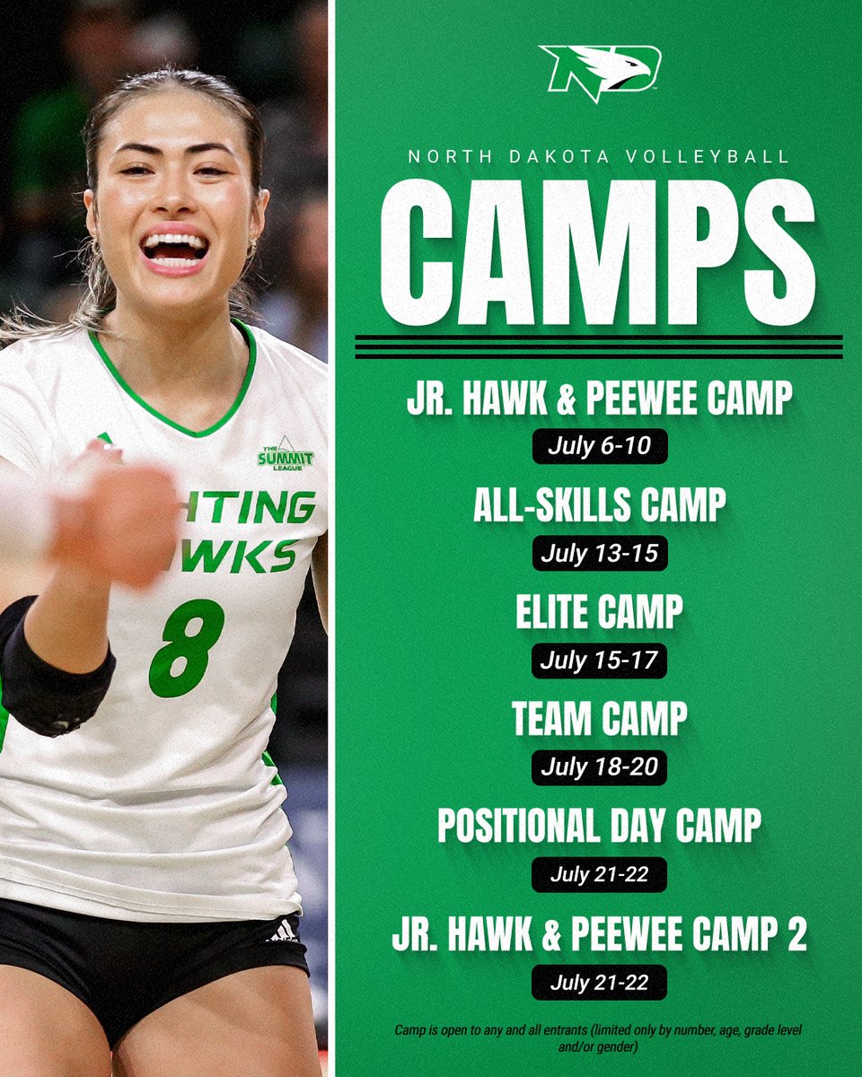 UNDvolleyball's tweet photo. Additional Jr. Hawk/Peewee camp dates available‼️

Sign up at https://t.co/PUHzcWVgnk 

#UNDproud https://t.co/boqWRLZPYa