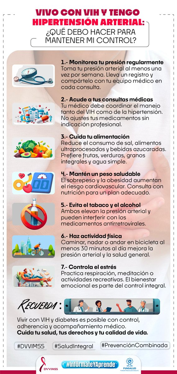 Si vives con VIH y tienes hipertensión, cuida tu salud integral:

👉 Toma tu tratamiento de forma regular
👉 Reduce sal y ultraprocesados
👉 Mantén actividad física
👉 Controla peso y estrés
👉 Monitorea tu presión
Pequeños cambios hacen grandes diferencias.
#VIH #Hipertensión