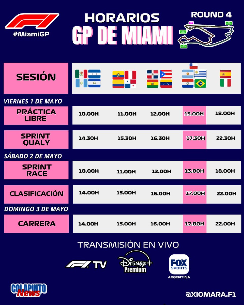 #F1| HORARIOS DEL GP DE MIAMI🏁

Les gustan las carreras a la tarde?