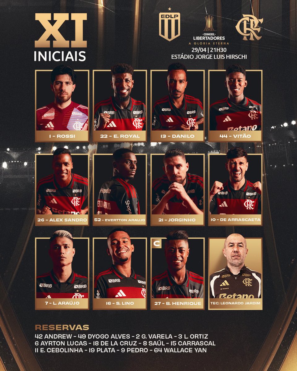 NOSSO TIME É A GENTE EM CAMPO! 

Confira a #escalação do MENGÃO para enfrentar o Estudiantes, pela Libertadores! 

#FLAxEST