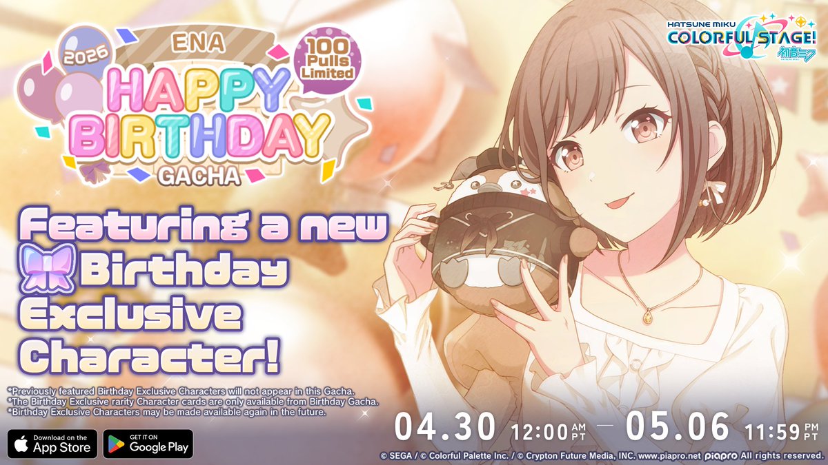 ColorfulStageEN's tweet image. Ena's "Happy Birthday Gacha" will be available soon! 🎂

Get her Birthday Exclusive card with a special skill! 🎁

Available until May 6, 11:59 PM (PT) / May 7, 6:59 (UTC)

Full details: colorfulstage.com/news/detail/00…

#EnaShinonome