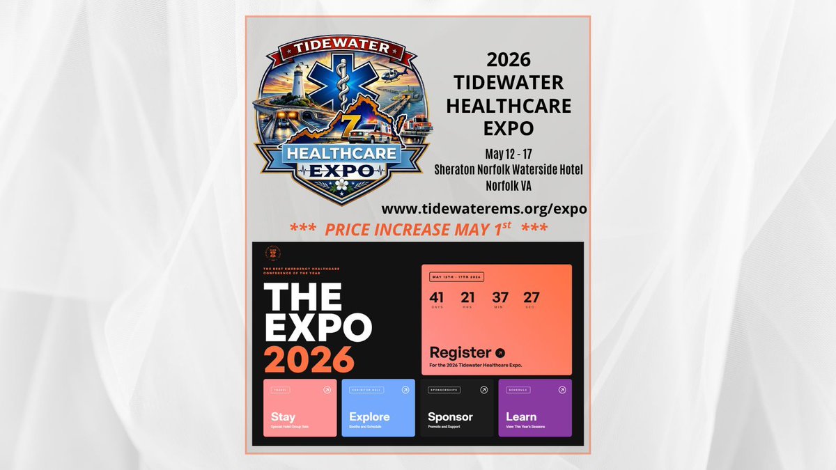 TidewaterEMS's tweet image. Register today for Expo Advanced Pricing and Save $100! (Price increases to $350 on May 1st.) tidewaterems.org/expo
#TEMS #EMS #TEMSExpo2026