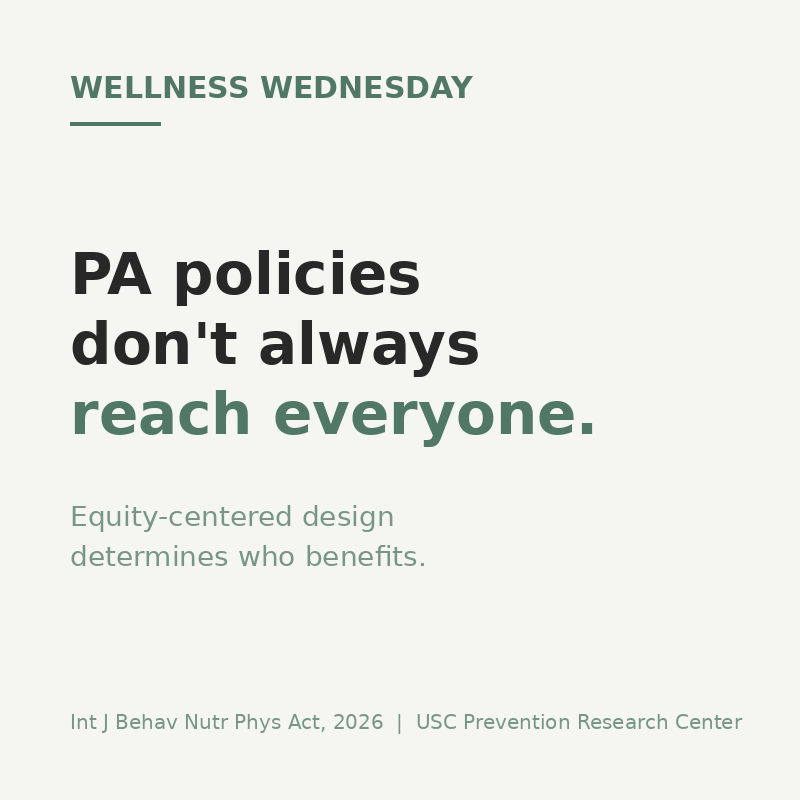 UofSCPRC's tweet photo. Many physical activity policies don’t reach those who need them most. A 2026 review found they often benefit higher-income groups more, widening gaps. Equity in design matters.
 https://t.co/9R4CFJ4kbM https://t.co/ADEgHis1ri