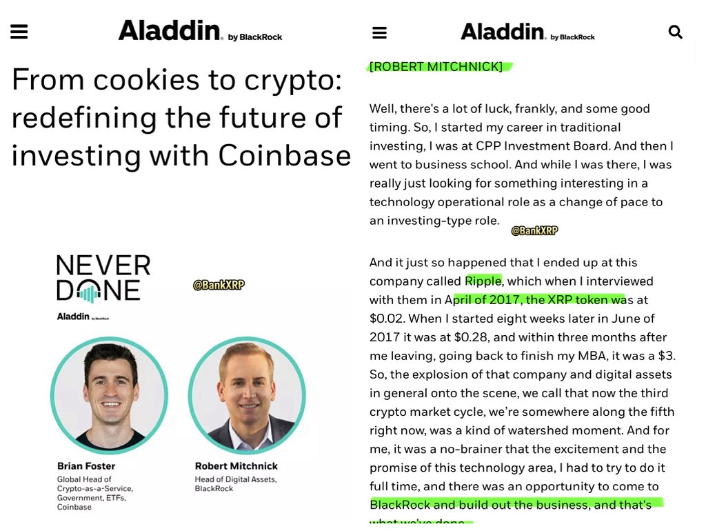 BankXRP's tweet image. BlackRock’s Head of Digital Assets Robert Mitchnick joined @Ripple in 2017 when $XRP was $0.02 saw it explode to $3 in months. That moment hooked him on crypto for life. Now leading at the world’s biggest asset manager. 

Full podcast: blackrock.com/aladdin/discov…