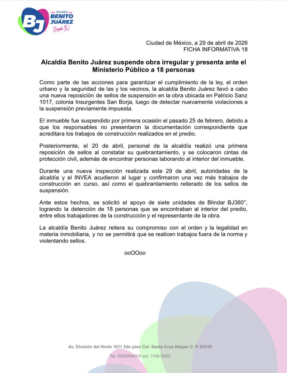 BJAlcaldia's tweet image. Alcaldía Benito Juárez suspende obra irregular y presenta ante el Ministerio Público a 18 personas.
#FichaInformativa:
🔗 bit.ly/4eepIxB