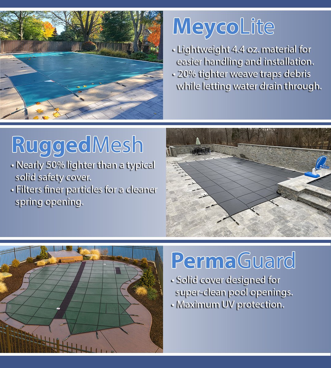 MeycoPoolCovers's tweet image. Looking for the right pool cover? Here’s a quick look at three Meyco options designed to deliver cleaner water, easier maintenance, and dependable protection.
#PoolLife #PoolSide #MeycoPoolCovers
