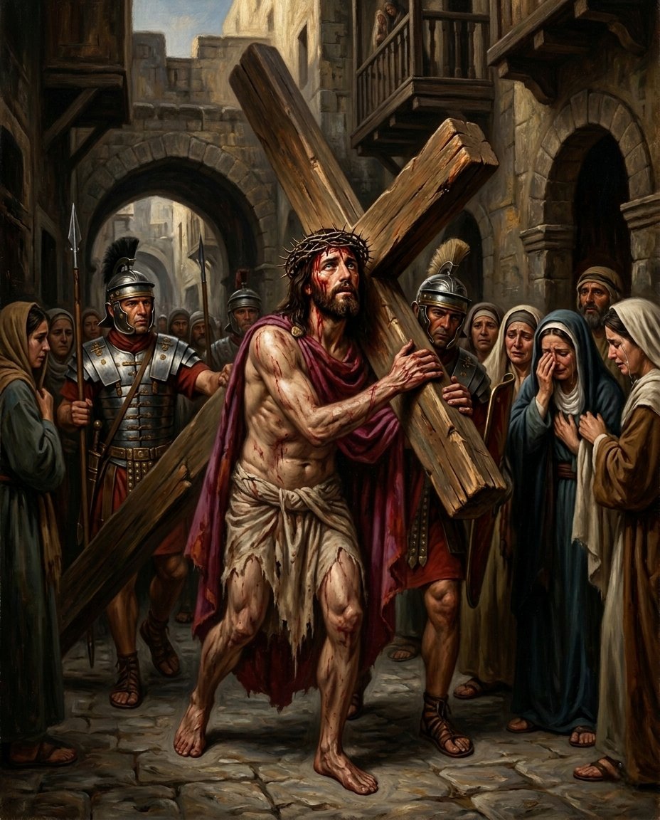 art4dday's tweet photo. Jesus Carrying the Cross,
Every step, a choice.
Every wound, 
a love letter written in sacrifice.
#CarryingTheCross #ViaDolorosa #SacrificeOfLove #PassionOfChrist #HolyWeek #FaithArt #ChristianArtwork #BiblicalArt #RedemptionStory #GoldenFaith https://t.co/FAltKYi0Ub