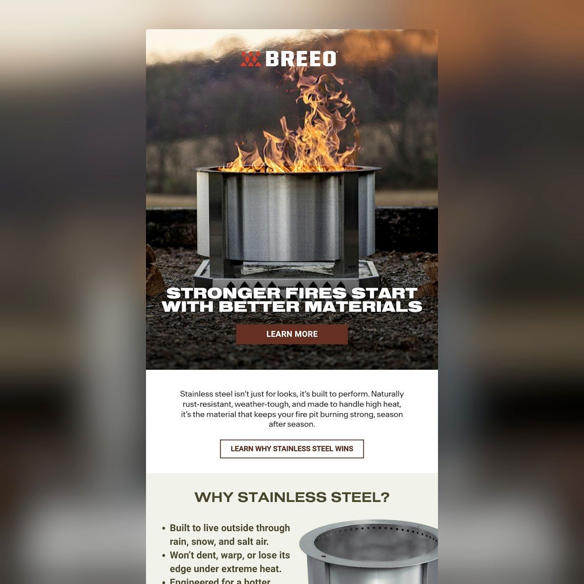 emaillove's tweet image. Framing stainless steel as rust-resistant, weather-tough, and high-heat-capable builds product credibility. The fire imagery is dramatic without cliches. 🔥 #QualityMatters #ProductPhotography