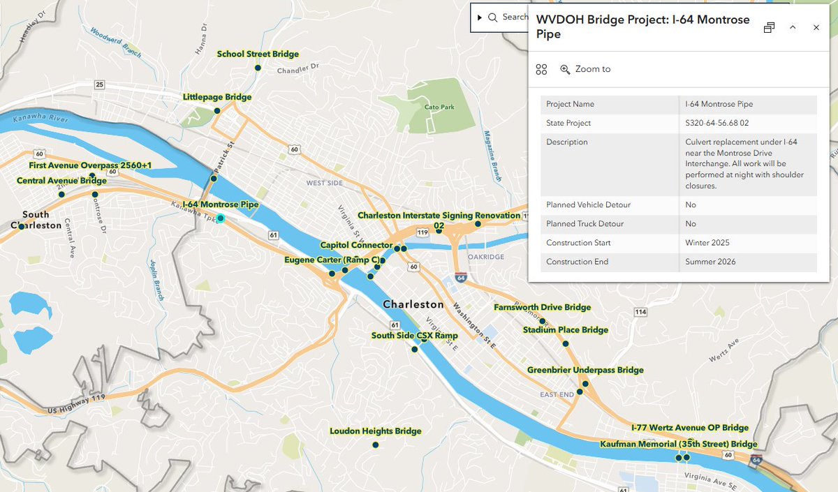 WVDOT's tweet photo. Over 50 bridge rehabilitation &amp; replacement projects are underway or scheduled in the Charleston Metropolitan area to address aging infrastructure. 

Plan your commute on the official WVDOT map. We appreciate your patience!

Map Link: https://t.co/tBWQIhVoTs https://t.co/OlNtYpuv1G