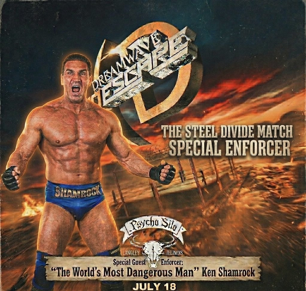 DWWrestling's tweet photo. 🚨 BREAKING NEWS 🚨 

The air at the Psycho Silo Saloon is about to turn heavy with the scent of rusted metal and impending violence. On Saturday, July 18, Dreamwave Wrestling presents No Escape, an event headlined by a match so volatile it has been dubbed the Steel Divide. This isn’t merely a contest; it is a definitive end to the toxic rivalry between Team Dreamwave and The Curse. 

The two factions will be locked inside a towering steel structure for a five-on-five progressive entry war, but this cage offers no sanctuary the summit of the cell will be wrapped in jagged strands of barbwire to ensure that what starts inside stays inside.

In a match defined by such lawless hatred, the physical environment is only half the danger. With the history of interference and chaos surrounding The Curse, Dreamwave management realized that a standard official would be powerless to stop the inevitable carnage. To prevent the Steel Divide from collapsing into a total massacre, they have enlisted the only man on the planet capable of intimidating both gods and monsters: the “World’s Most Dangerous Man,” Ken Shamrock.

As the Special Guest Enforcer, the UFC Hall of Famer and former WWF Intercontinental Champion brings a legacy of legitimate destruction to the Psycho Silo. A pioneer of combat sports, the former King of Pancrase and first-ever Impact World Champion is not there to blow a whistle; he is there to crack skulls if the peace is breached. Whether it’s his technical mastery or the legendary “Shamrock Snap,” both teams have been put on notice that the rules will be enforced by a man who once ruled the octagon and the squared circle with equal brutality.

Fans have a rare opportunity to encounter the legend before the blood is spilled, as Ken Shamrock will be hosting a special meet and greet prior to the event. 

Tickets for the show and the meet and greet are available now at https://t.co/m3Wn3XO5gA. On July 18, the cage door closes, the barbwire waits, and for Team Dreamwave and The Curse, there is finally no escape.