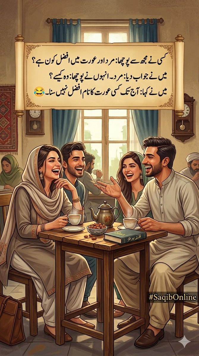 Saqibkz's tweet image. کسی نے مجھ سے پوچھا : مرد اور عورت میں افضل کون ہے؟
میں نے جواب دیا: مرد
انہون نے پوچھا: وہ کیسے؟
میں نے کہا: آج تک کسی عورت کا نام افضل نہیں سنا۔ 😂
#saqibonline #funnymemes