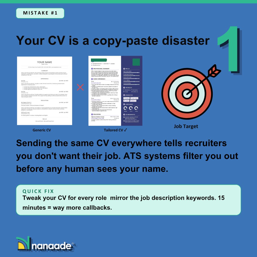 nanaade_AI's tweet photo. ▶️HERE’S WHY YOU’RE NOT GETTING HIRED IN 2026 (And How to Fix It Easily)

Still applying for jobs but getting zero responses?
It’s not always your qualifications, it’s your approach.
Here are the Top 3 Job Search Mistakes silently killing your chances 👇

🔸MISTAKE #1: One CV for Every Job
Recruiters and ATS (Applicant Tracking Systems) can instantly spot generic CVs.
If your CV doesn’t match the job description, you’re filtered out before a human ever sees it.
QUICK FIX:
Customize your CV for each role using relevant keywords from the job description. Just 10–15 minutes of optimization can significantly boost your interview rate.

🔸MISTAKE #2: Weak or Invisible Online Presence
Over 87% of recruiters search candidates on LinkedIn before reaching out.
No strong profile = missed opportunities.
QUICK FIX:
Use a professional photo
Write a keyword-rich headline (e.g., “Data Analyst | SQL | Power BI”)
Highlight measurable achievements
Stay active (post, comment, engage weekly)

🔸MISTAKE #3: Applying Without Strategy
Most job seekers rely only on job boards, but up to 70% of roles are filled through referrals.
QUICK FIX:
Connect with industry professionals
Send personalized messages
Join relevant communities
Build real relationships (not just applications)

➡️Ready to Get Hired Faster in 2026?
Stop guessing and start using a smarter, AI-powered job search strategy on Nanaade, where you can:
- Get a professionally optimized CV
- Upgrade your LinkedIn profile for recruiter visibility
- Access remote jobs that pay in dollars ($)
- Get matched with recruiters actively hiring your skillset

👉Visit Now: https://t.co/hDR5paewCi
Don’t just apply for jobs — position yourself to be discovered.

#JobSearchNigeria #RemoteJobsAfrica #FreshGraduateJobs #CareerGrowth #ATSOptimization #LinkedInTips #TechJobsAfrica #AIRecruitment #Nanaade #JobSeekersNG #CareerTips #LinkedInOptimization #ATSFriendlyCV #FreshGraduates #Jobs #Tips #GetHired #AIRecruitment #Nanaade