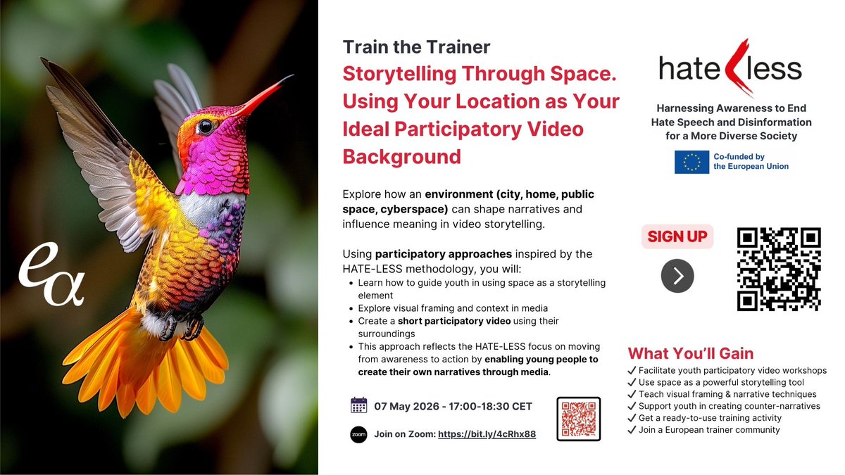 EAConsultingSL's tweet image. Sign up to our @HATELESS_EU Train the Trainer session led by @EAConsultingSL 🇪🇸 and learn how to turn everyday environments into powerful video narratives.
📅 7 May | 17:00-18:30 CET
👉 forms.gle/wQZh4MoapccwZt…
#HATELESS #JugendFuerEuropa #ErasmusPlusJugend #SDG10