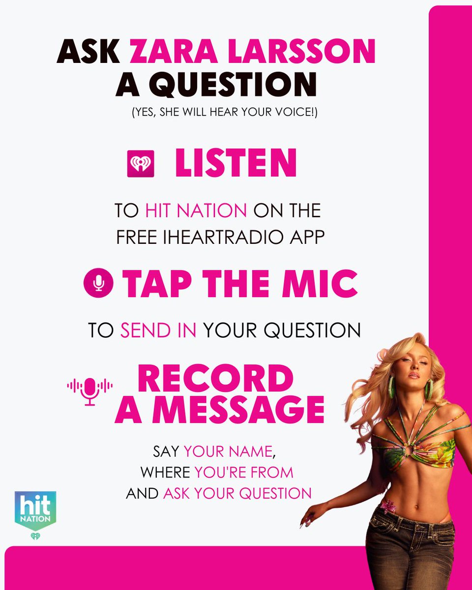 iHeartRadio's tweet photo. Ask @zaralarsson a question via the TALKBACK feature on the iHeartRadio app! 🌺

Send them in: https://t.co/wjoiyA3wPU https://t.co/RRSJrpl2RS