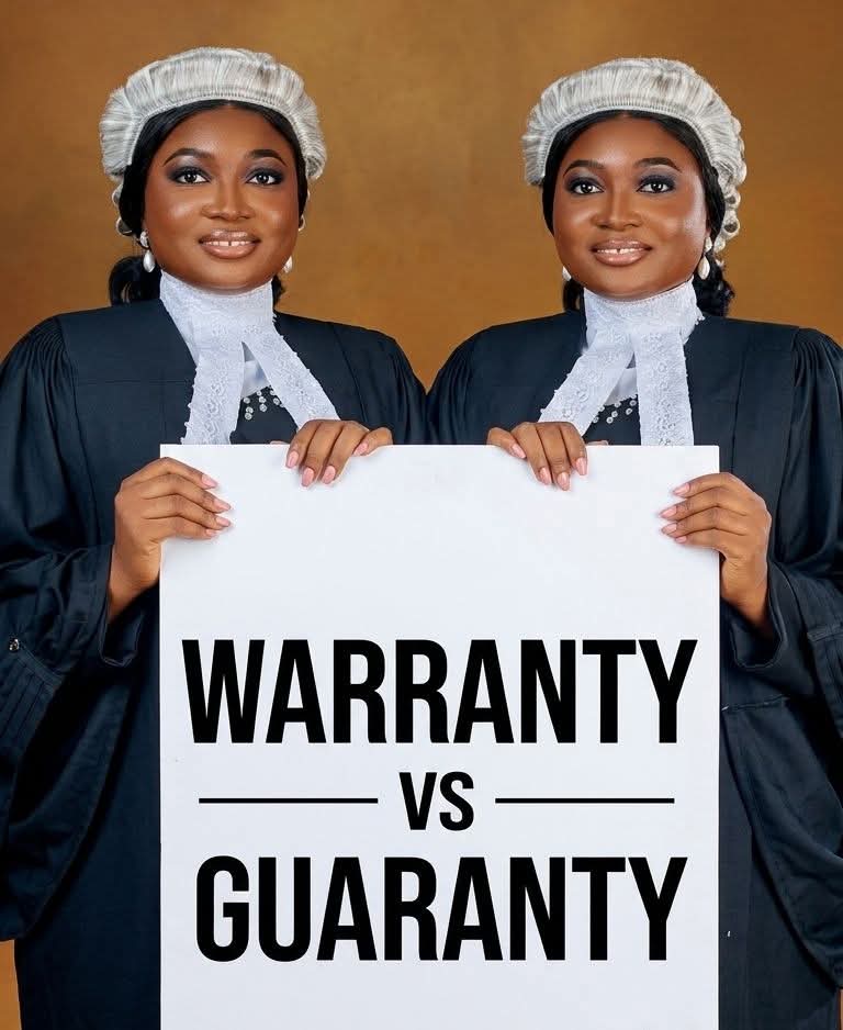 BSAT_Properties's tweet photo. WARRANTY vs GUARANTY

Not all promises in law mean the same thing. The difference is mainly about what is being promised and who is responsible.

WARRANTY
This is a promise about the quality, condition, or performance of a product or service. 

It relates to goods or services.

It assures that the item will work as expected for a period of time.

And If it fails within that period, the buyer is entitled to a repair, replacement, or refund.

It is usually between the seller and the buyer.

Example:
Ade bought a deep freezer with a 2-year warranty. After a few days, it stopped working without any misuse.

GUARANTY
This is a promise by a third party to answer for the debt, default, or obligation of another person.

It involves three parties:

🥢The creditor
🥢The Debtor
 🥢The guarantor.

The guarantor steps in only when there is default.

It is commonly used in loans and tenancy agreements.

Example:
If Chinedu took a loan from Chief Jaja and Emeka signed as his guarantor, when Chinedu failed to repay, Emeka became responsible for repaying the loan.

🥢 Warranty = promise about a thing

🥢 Guaranty = promise about a person

🥢 Warranty = no third party

🥢 Guaranty = involves a third party

IGNORANTIA JURIS NON EXCUSAT.

Stay informed.
Stay protected.
Stay Legally Wise.

IGNORANTIA JURIS NON EXCUSAT.

© Naomi Umeje Esq.