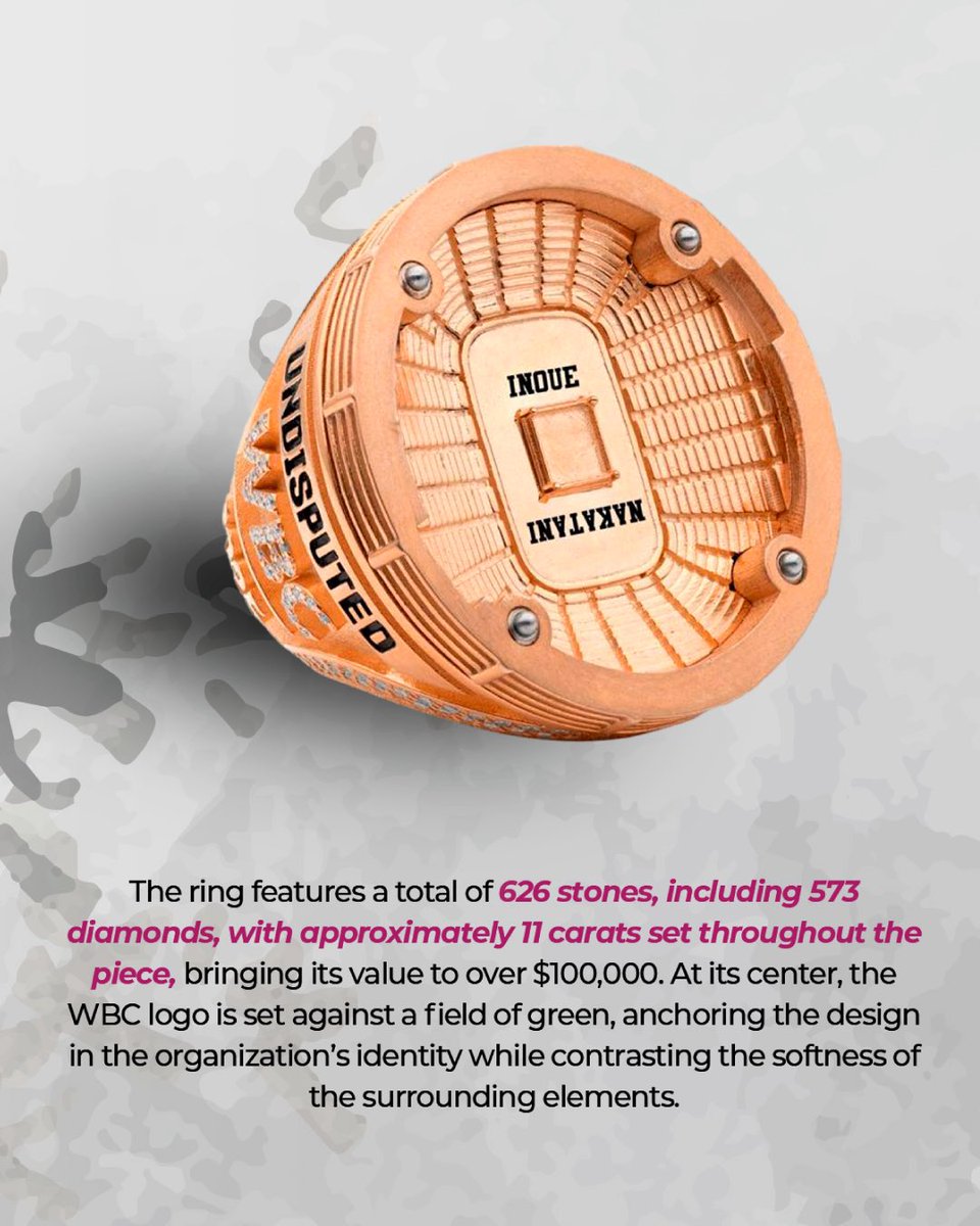 WBCBoxing's tweet image. Naoya Inoue and Junto Nakatani collide at the iconic Tokyo Dome, the World Boxing Council will present its second Undisputed Championship Ring, part of the WBC Crown Series, crafted in rose gold and inspired by Japan’s sakura.

One ring to define a generation. 👑

#InoueNakatani
