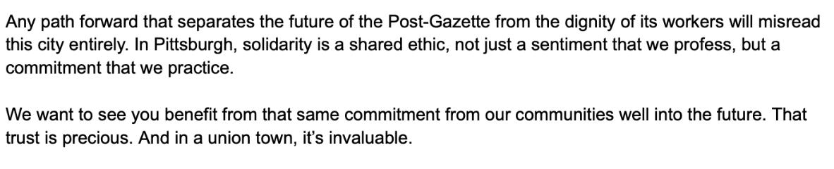PGHGuild's tweet photo. Today, the incoming ownership of the @PittsburghPG received the following open letter from city, county, state, and federal elected officials welcoming the Venetoulis Institute for Local Journalism to Pittsburgh, and urging strong staffing and good-faith bargaining. https://t.co/ldeDVrBhoa