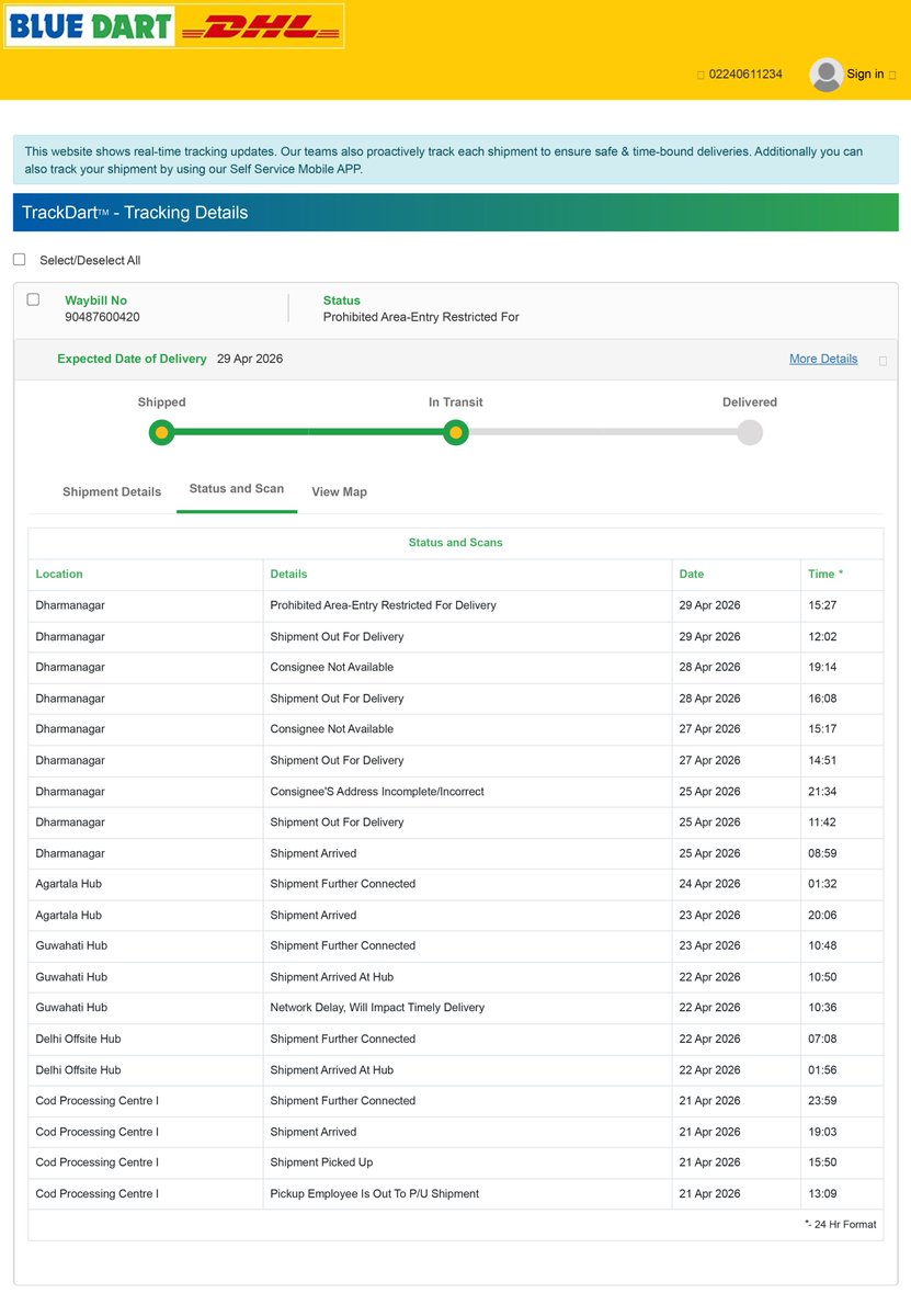 RashidAMastufa's tweet image. @BlueDart_  @jagograhakjago @nch1915  Blue Dart not delivering my shipment (90487600420), marking false updates &amp;amp; forcing pickup from 15 km away. Now showing “Prohibited Area”. Complaint filed on NCH. Next E-Daakhil .
#BlueDart #ConsumerComplaint