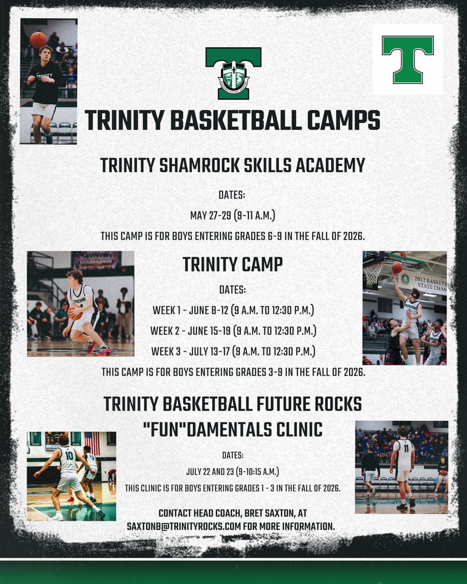 ShamrocksHoops's tweet photo. Be sure to sign up NOW for the Trinity Basketball Camp! Spots are filling fast and we don’t want your family to miss out! Fun, fundamentals, growth and development, we look forward to coaching your son in the gym this summer! ☘️ 🏀 https://t.co/dzJfT4Zs5A