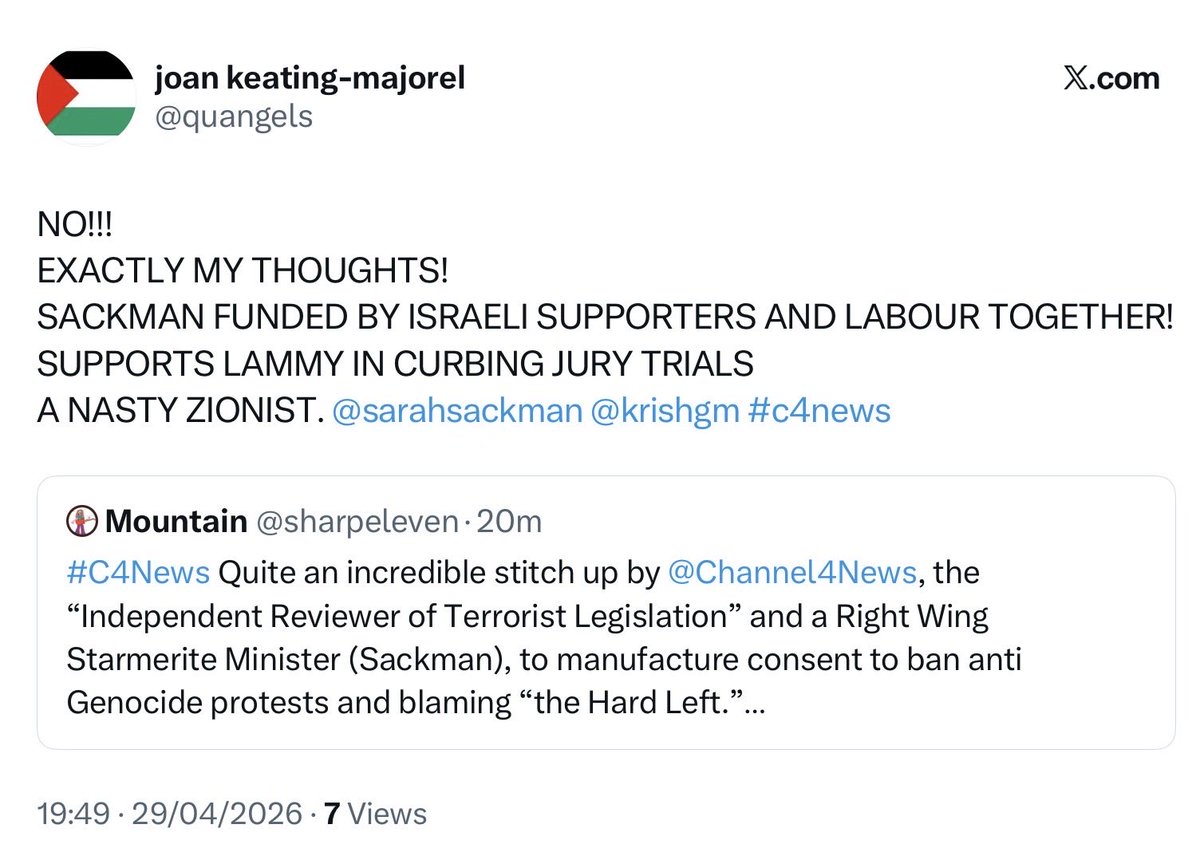 sharpeleven's tweet image. #C4News Seen it all now. This person, who has blocked me ( probably for criticising C4News) is retweeting me on the C4News thread and agreeing with me.
