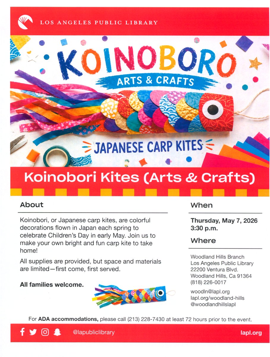 Koinobori or Japanese carp kites are flown every year in Japan to celebrate Kodomo No Hi or "Children's Day" in early May. Thurs., May 7th at 3pm families are invited to join us to make your very own carp kite! Craft supplies are limited; first come, first served.