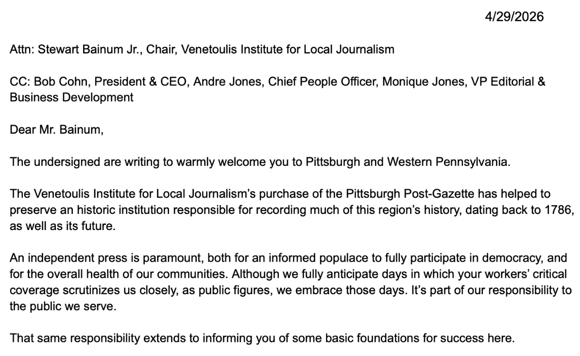 PGHGuild's tweet photo. Today, the incoming ownership of the @PittsburghPG received the following open letter from city, county, state, and federal elected officials welcoming the Venetoulis Institute for Local Journalism to Pittsburgh, and urging strong staffing and good-faith bargaining. https://t.co/ldeDVrBhoa