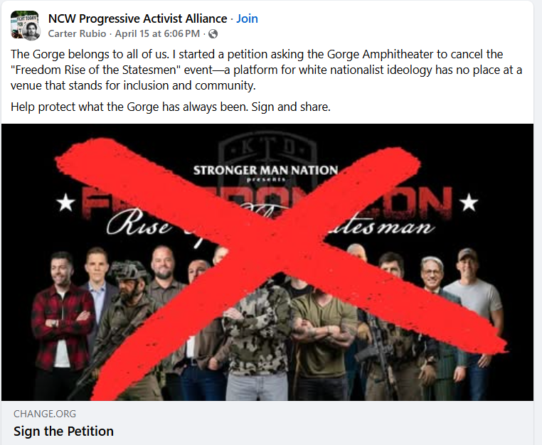 DoneWitDem's tweet image. Racist Latino Activist Carter Rubio attempting to stop the Freedom Conference at George, WA claiming without basis it's a "Christian Nationalist White agenda."  His words.  

La Raza Rubio! 

facebook.com/groups/1895785…

facebook.com/carterlrubio/

#wenatchee