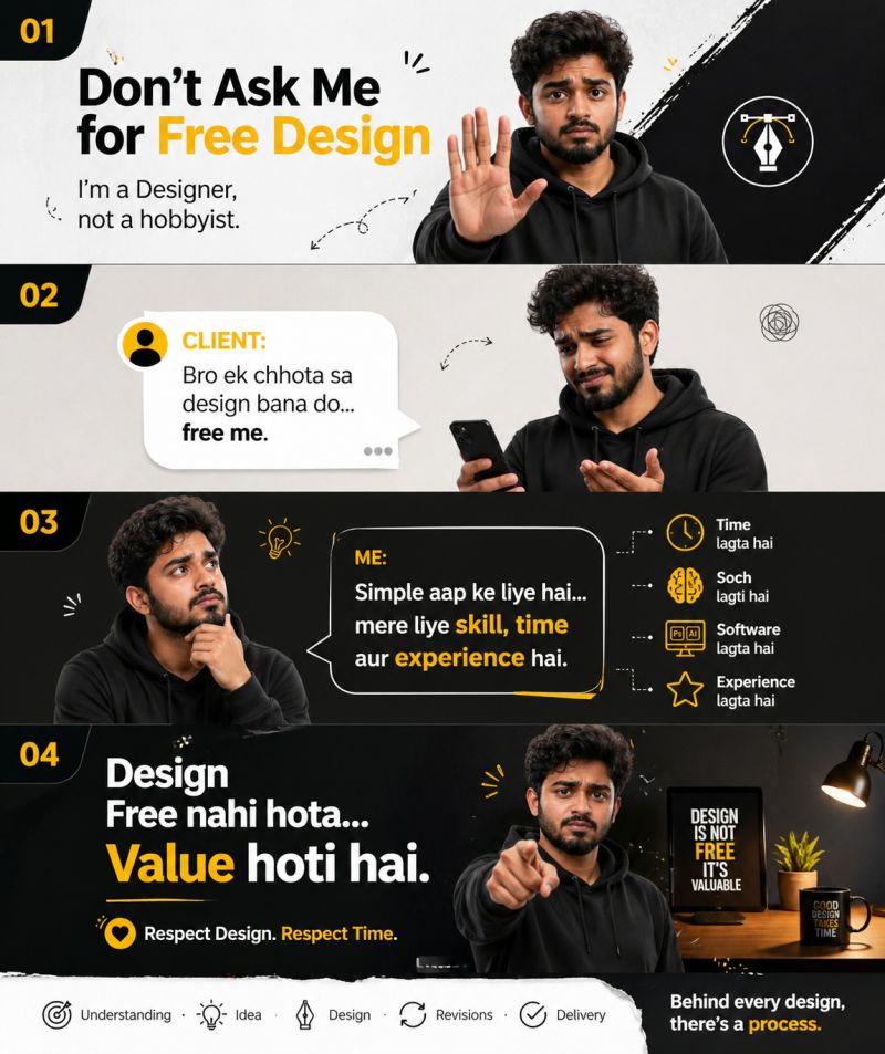ishaqdesginss0's tweet image. “Bro, ek chhota sa design free bana do…”

Har designer ne yeh line zaroor suni hoti hai.

Jo aapko “simple” lagta hai,
uske peeche hours of thinking, creativity aur experience hota hai.

#GraphicDesign #FreelancerLife #DesignMatters #ValueYourTime #CreativeWork #RespectDesign
