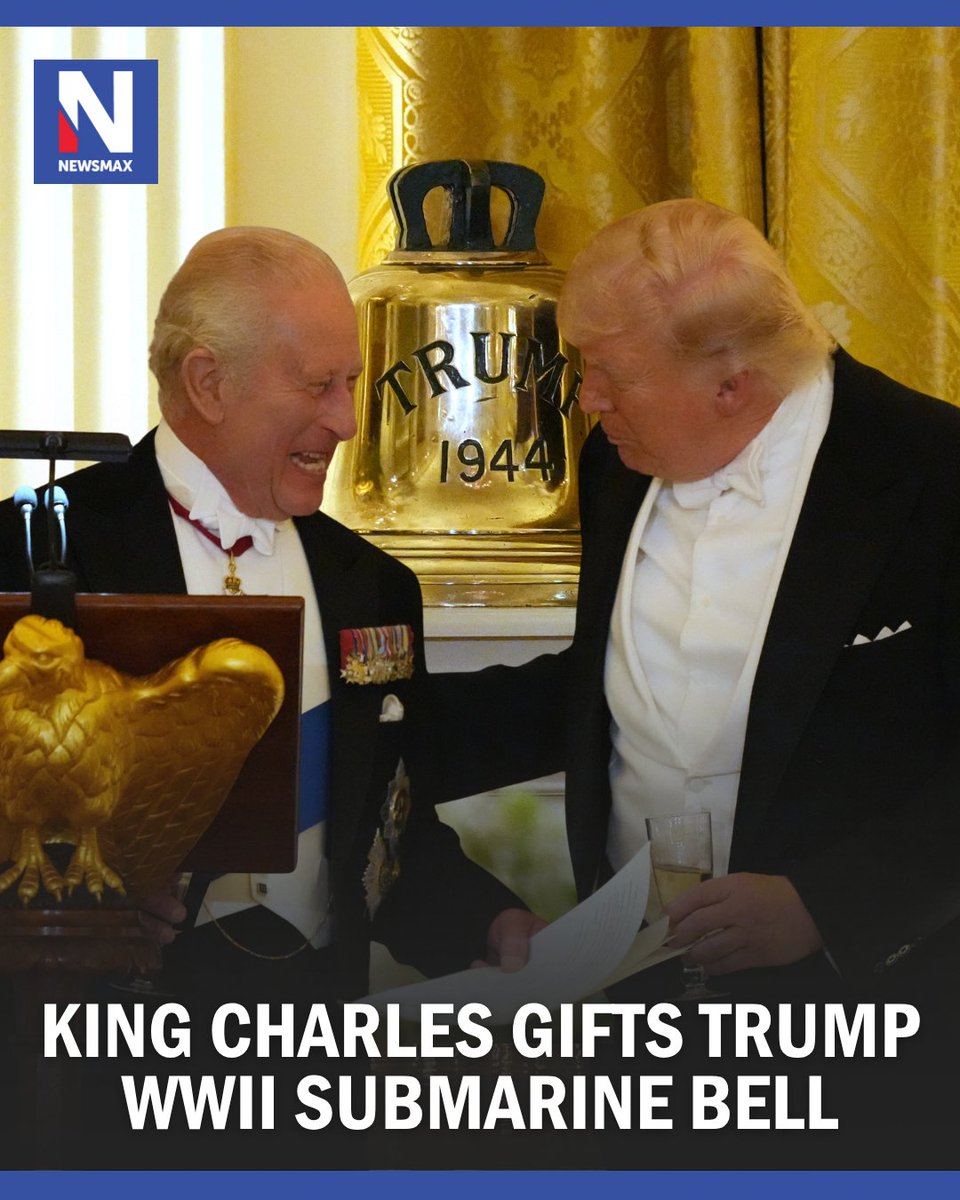 NEWSMAX's tweet image. ROYAL GIFTS: King Charles gifted President Donald Trump the original bell from the HMS Trump, a British submarine that served during World War II.

MORE: bit.ly/3OBHmkx