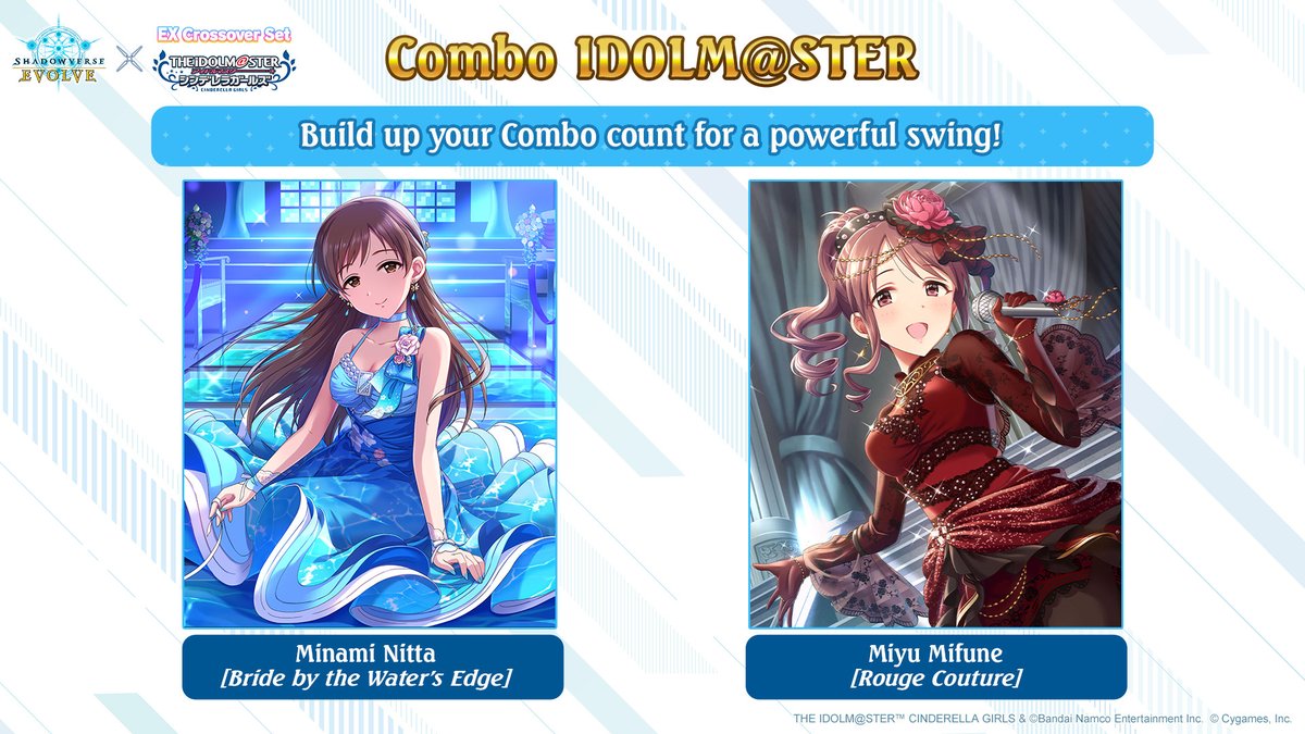 svevolve_en's tweet image. Explore the recommended deck Combo IDOLM@STER from the EX crossover set, THE IDOLM@STER CINDERELLA GIRLS, now available at your local store!

🔗 en.shadowverse-evolve.com/special/ecp02/…

#Shadowverse #ShadowverseEvolve #imas_cg
