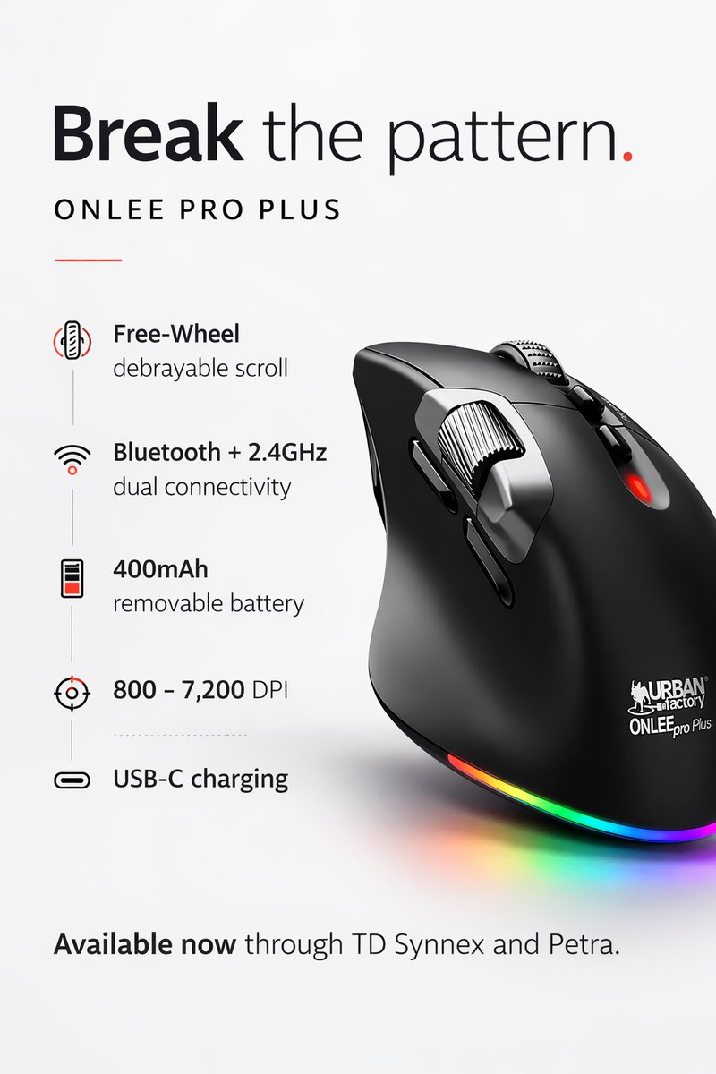 UrbanFactoryWW's tweet image. The IT accessory aisle has looked the same for 10 years.
Same brands. Same scroll wheel. Same story. 😴
Urban Factory's ONLEE PRO PLUS changes that.
Free-Wheel scroll. Dual connectivity. 7,200 DPI. Rechargeable.
Ready to wake up your inventory? 🚀
 #Retail #UrbanFactoryIntl