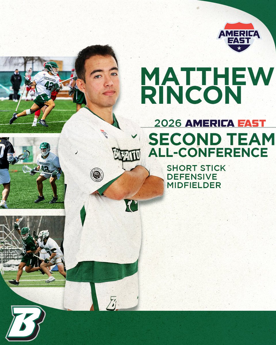 BinghamtonMLAX's tweet photo. But wait...𝘁𝗵𝗲𝗿𝗲'𝘀 𝗺𝗼𝗿𝗲!

Matthew Rincon gets Second Team All-Conference honors from the @AmericaEast! 👏

#ONEBinghamton https://t.co/y8dsbzdhl9