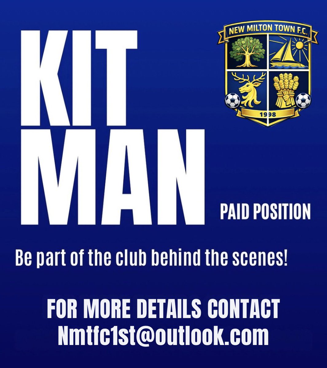 NewMiltonTown's tweet photo. We’re recruiting 💛

New Milton Town FC are looking for a new kitman for the upcoming season 👊🏼

A paid role working with the First Team — a great opportunity to be part of the club

📧 Nmtfc1st@outlook.com

#UpTheBrickies https://t.co/fbnm0m13ZS