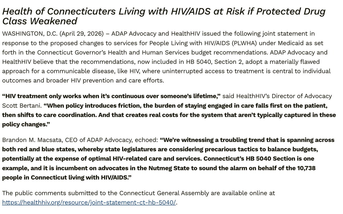 HealthHIV's tweet photo. HealthHIV and @adapadvocacy stand in opposition to changes to the Connecticut Medicaid
program’s Prescription Drug Policy.

Read our joint statement on the proposed changes here: https://t.co/zGHEKGU1gV.

 #HIVAIDSAdvocacy #ConnecticutHealth #PLWHA #Medicaid https://t.co/HwkBVS6GGI