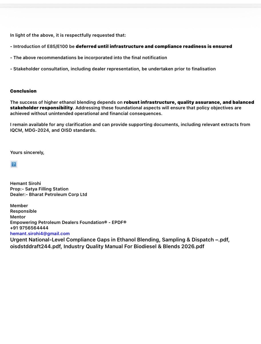 Before rolling out E85/E100, answer this:

Are depots compliant?
Are tankers dedicated?
Are dealers equipped to test ethanol %?

If not, why shift the risk to customers &amp; dealers?

Policy without compliance = consumer harm.

<a href="/MORTHIndia/">MORTHINDIA</a> <a href="/PetroleumMin/">Ministry of Petroleum and Natural Gas #MoPNG</a> @SIAM_India <a href="/PetroleumMin/">Ministry of Petroleum and Natural Gas #MoPNG</a>