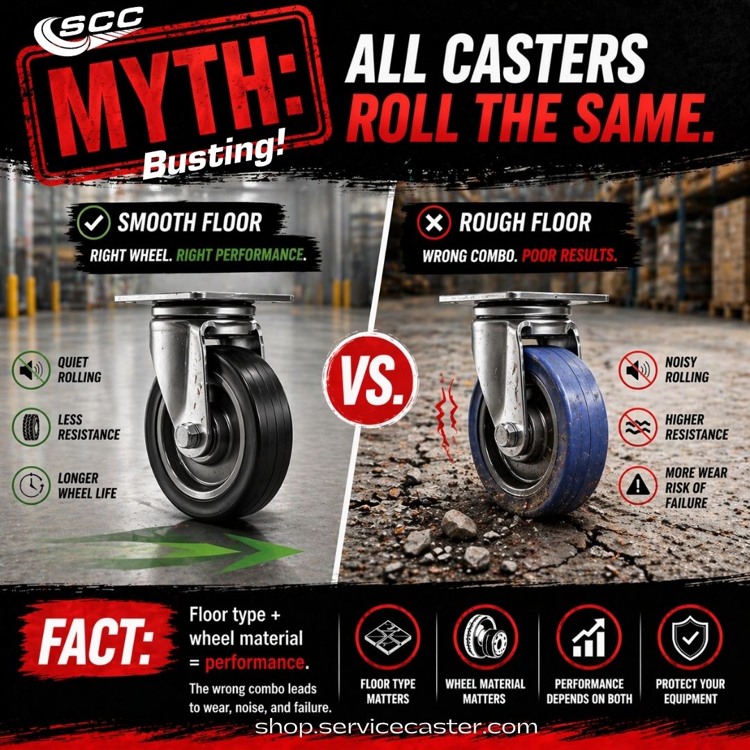 SERVICECASTER's tweet image. Not all casters roll alike.
Floor type + wheel material = performance. The wrong combo leads to wear, noise, and failure.
Are your casters matched to your environment?
#CasterSelection #WarehouseEfficiency #ProTips
