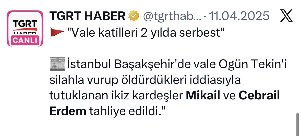 NejatOzonay's tweet photo. Bir haber ararken önüme geldi…

“İstanbul Başakşehir'de vale Ogün Tekin'i silahla vurup öldürdükleri iddiasıyla tutuklanan ikiz kardeşler Mikail ve Cebrail Erdem 2 yılda tahliye edildi."

2 kardeşin toplam 100+ adet suç kaydı varmış…

Olayı hatırlıyorum… Boşu boşuna öldürülmüştü çocuk…

Kaçarken polisle çatışmak bile 2 yıldan fazla olmalıydı… Peki evlerinde cinayet zanlılarını saklamak? Hırsızlık?

Tetiği onlar çekmedi diye 2 yılla kurtulmak adalet mi?

Dava sonra ne oldu bulamadım… Ne oldu acaba?

@adalet_bakanlik