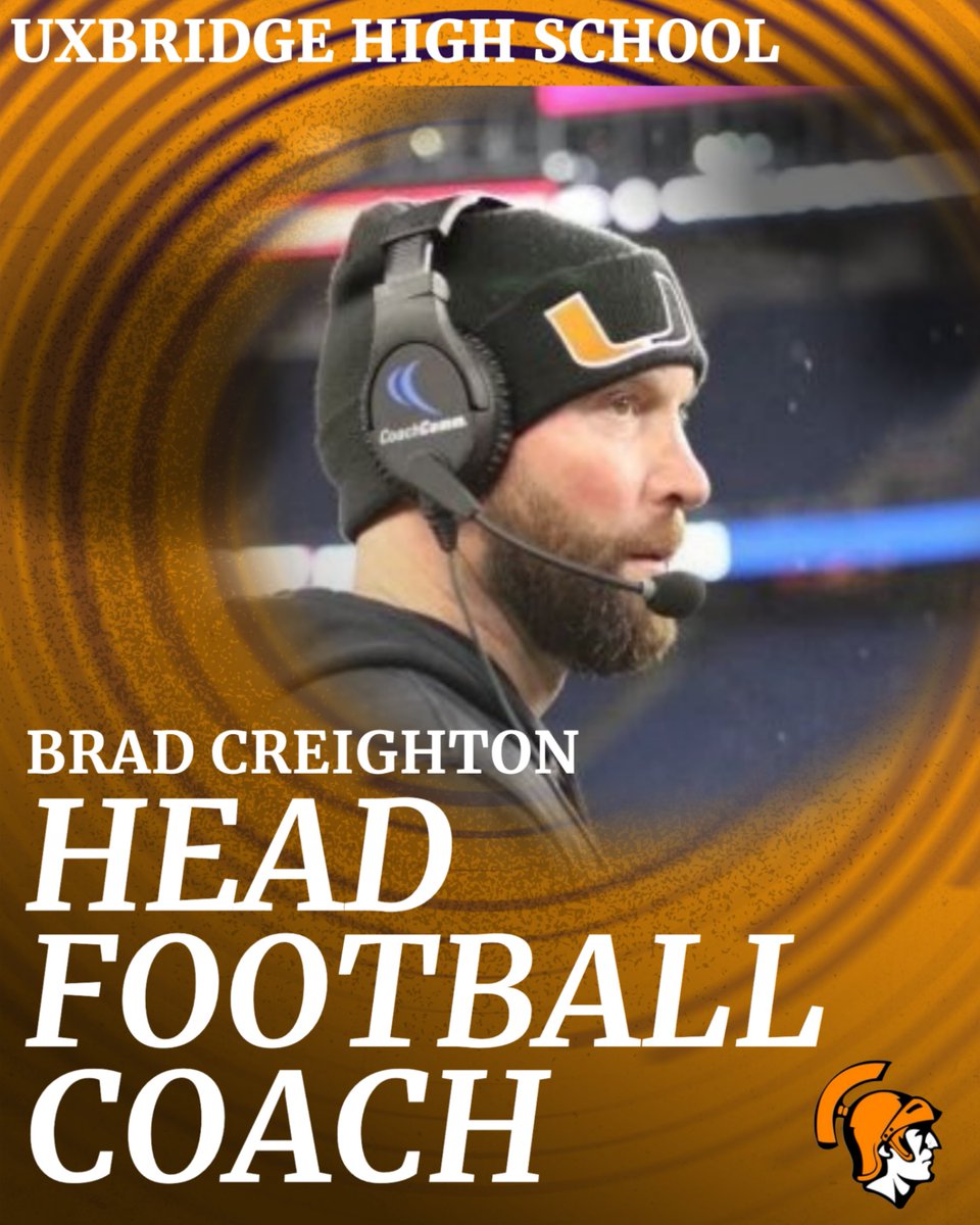 UHS_Spartans's tweet photo. Uxbridge Athletics is excited to announce Brad Creighton as Head Football Coach. A 2001 alum and on staff since 2020, Creighton recently served as Defensive Coordinator &amp; was an integral part of the Spartans success the last 5 years including 2 Division VII State Titles. #GoU https://t.co/prh17VkaKs